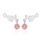 Silver Cat Drop Stud Earrings with Zircon Bead