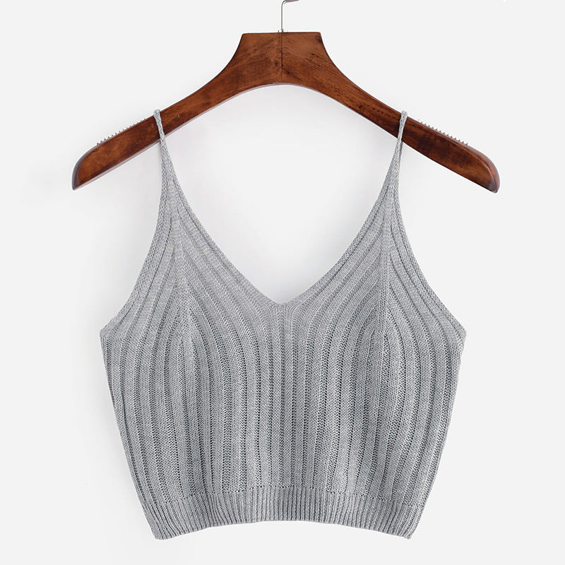 Solid Color Knit Tank Top with V-Neck Design