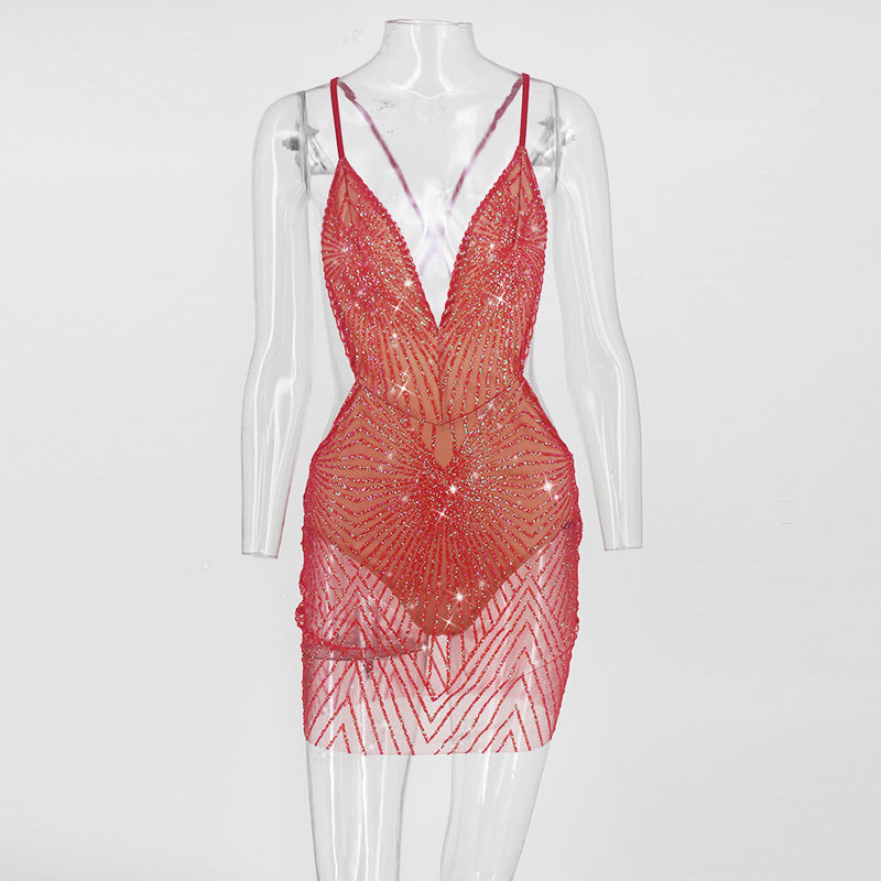 Sheer Sequin Spaghetti Strap Bodycon Mini Dress