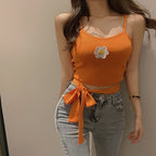 Korean Style Embroidered Crop Top with Tie Details