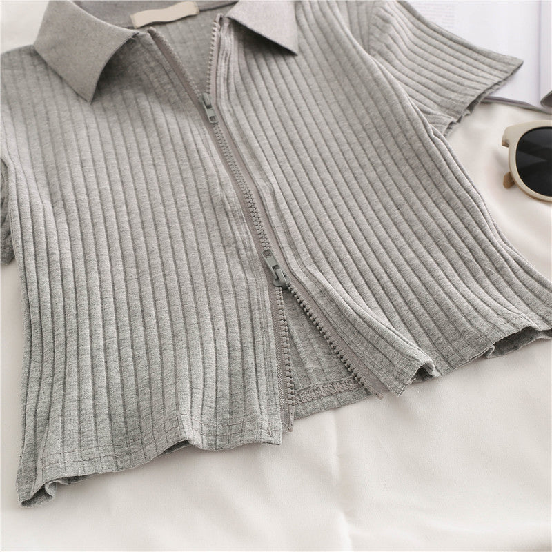 Striped Women's Zipper Crop Top - Vintage Harajuku Style