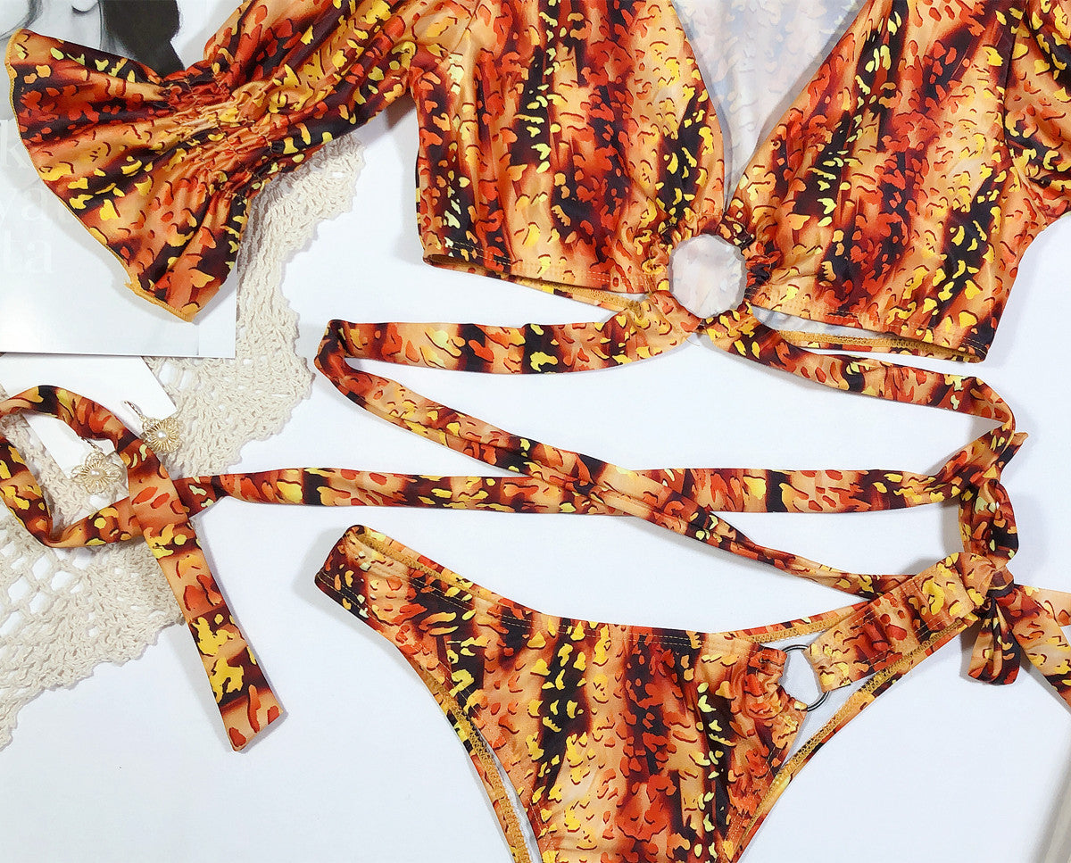 Puff Sleeve Wrap Bikini Set in Leopard Print