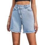 High Waist Loose Fit Raw Edge Denim Shorts for Women
