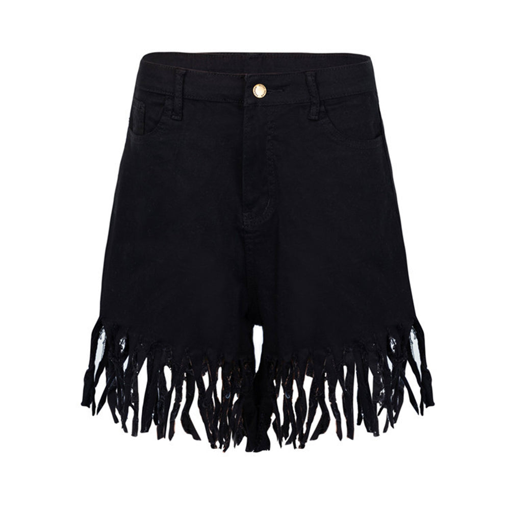 Fringed Women's Denim Shorts - Casual Straight-Leg Pants