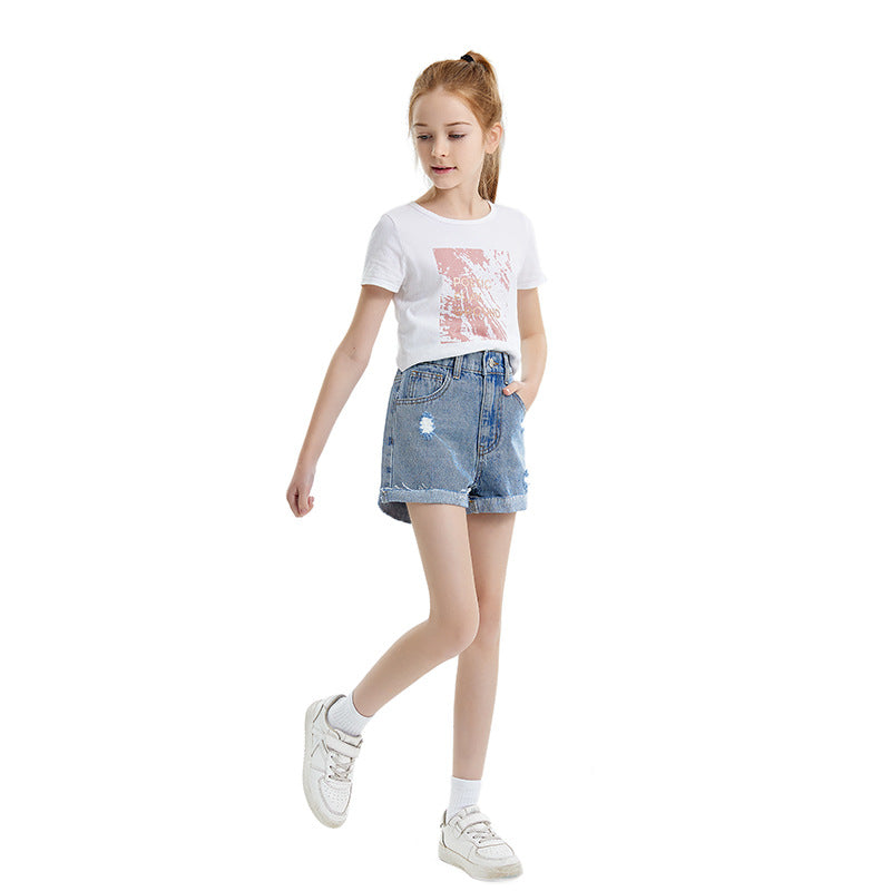 2024 Spring/Summer Girls' Distressed Denim Shorts