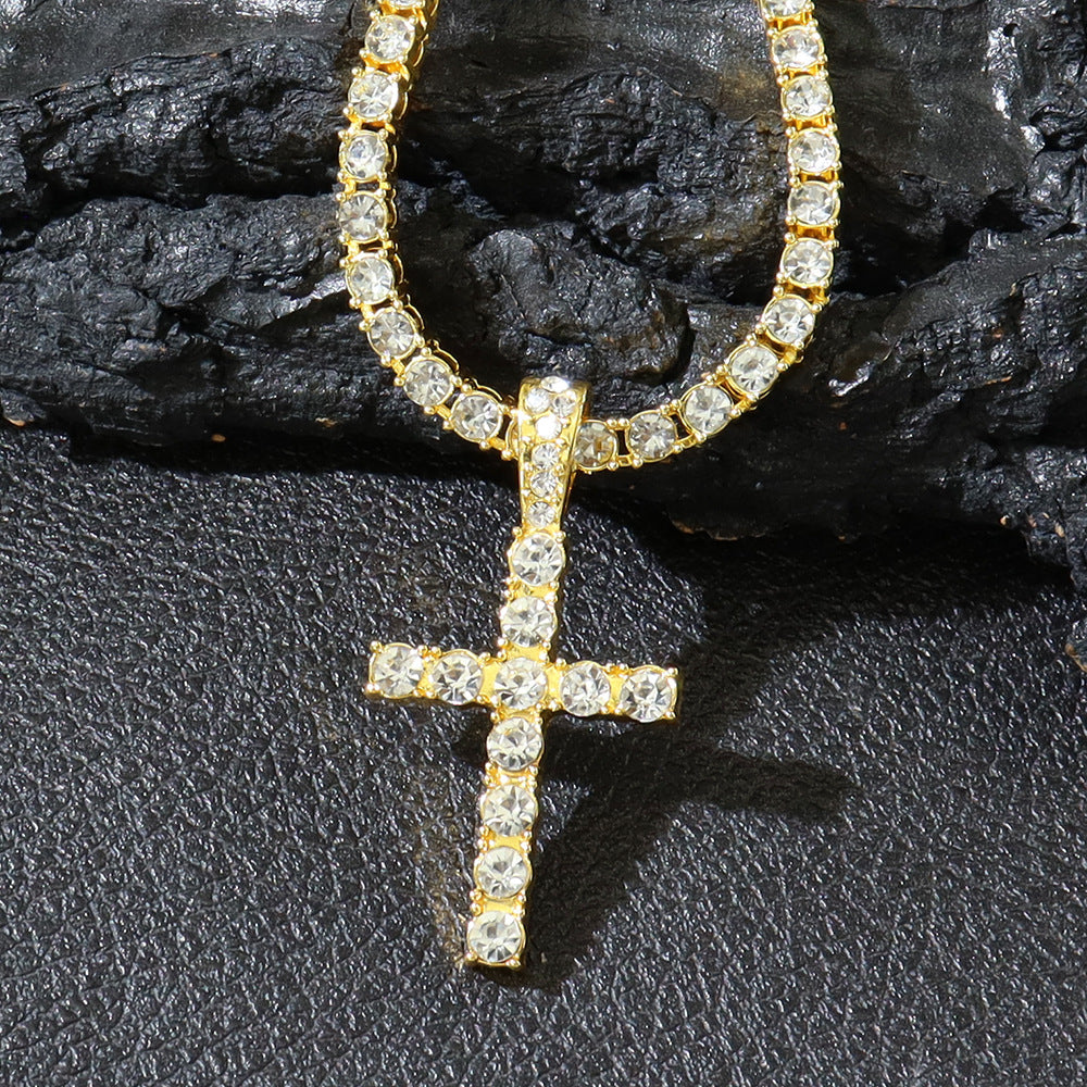 Hip Hop Rhinestone Cross Pendant Necklace