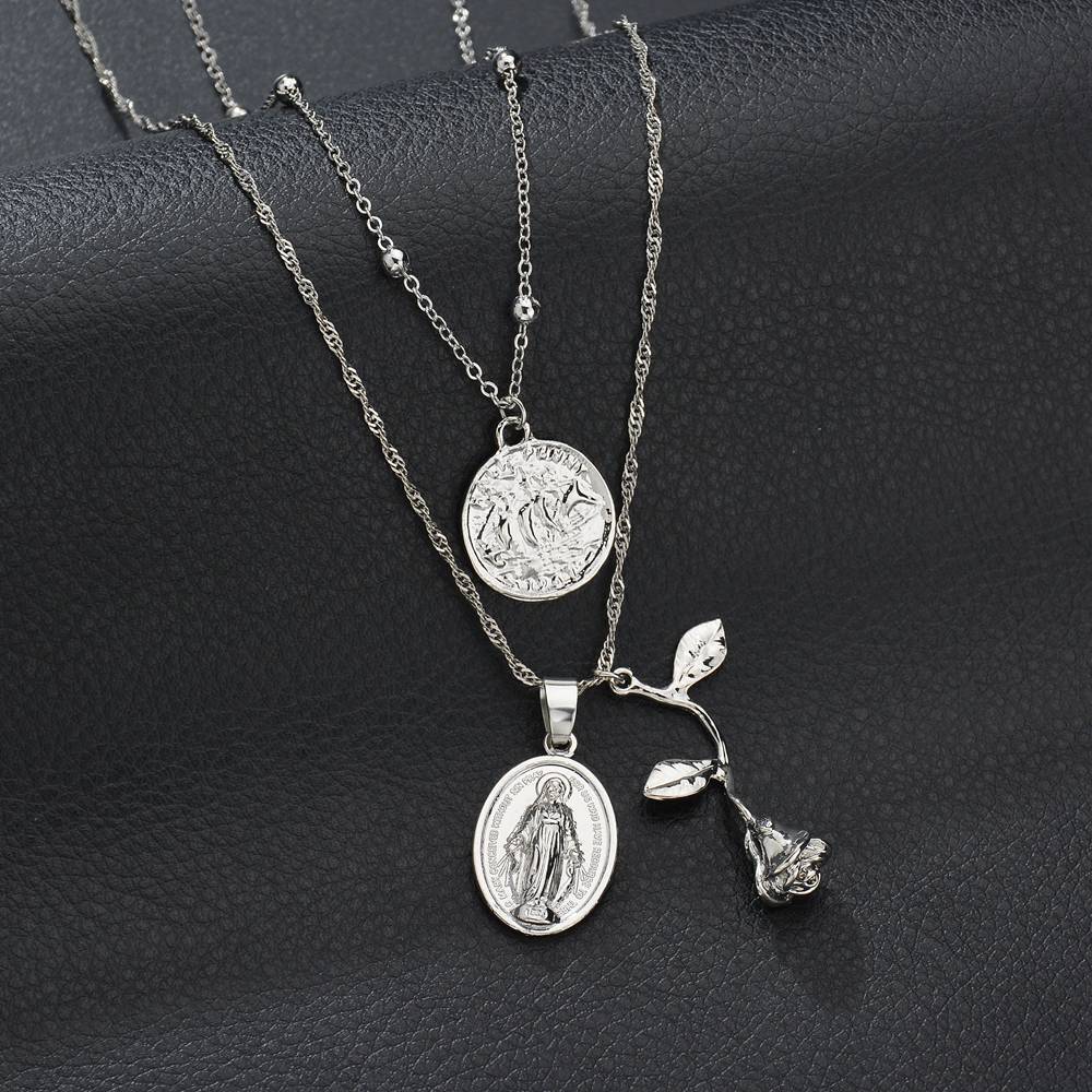 Layered Rose and Medallion Pendant Necklace