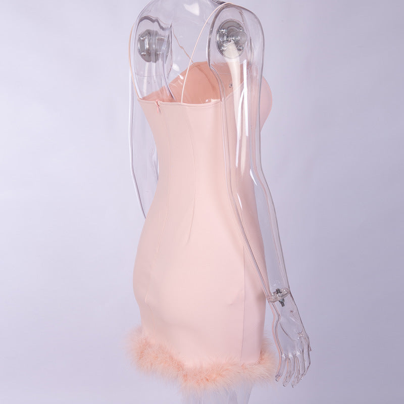 Feather Trim Spaghetti Strap Bodycon Mini Dress