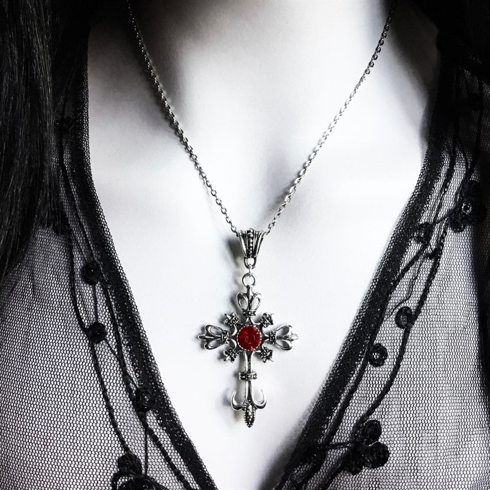 Silver Gothic Cross Necklace with Red Crystals