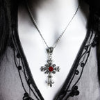 Silver Gothic Cross Necklace with Red Crystals