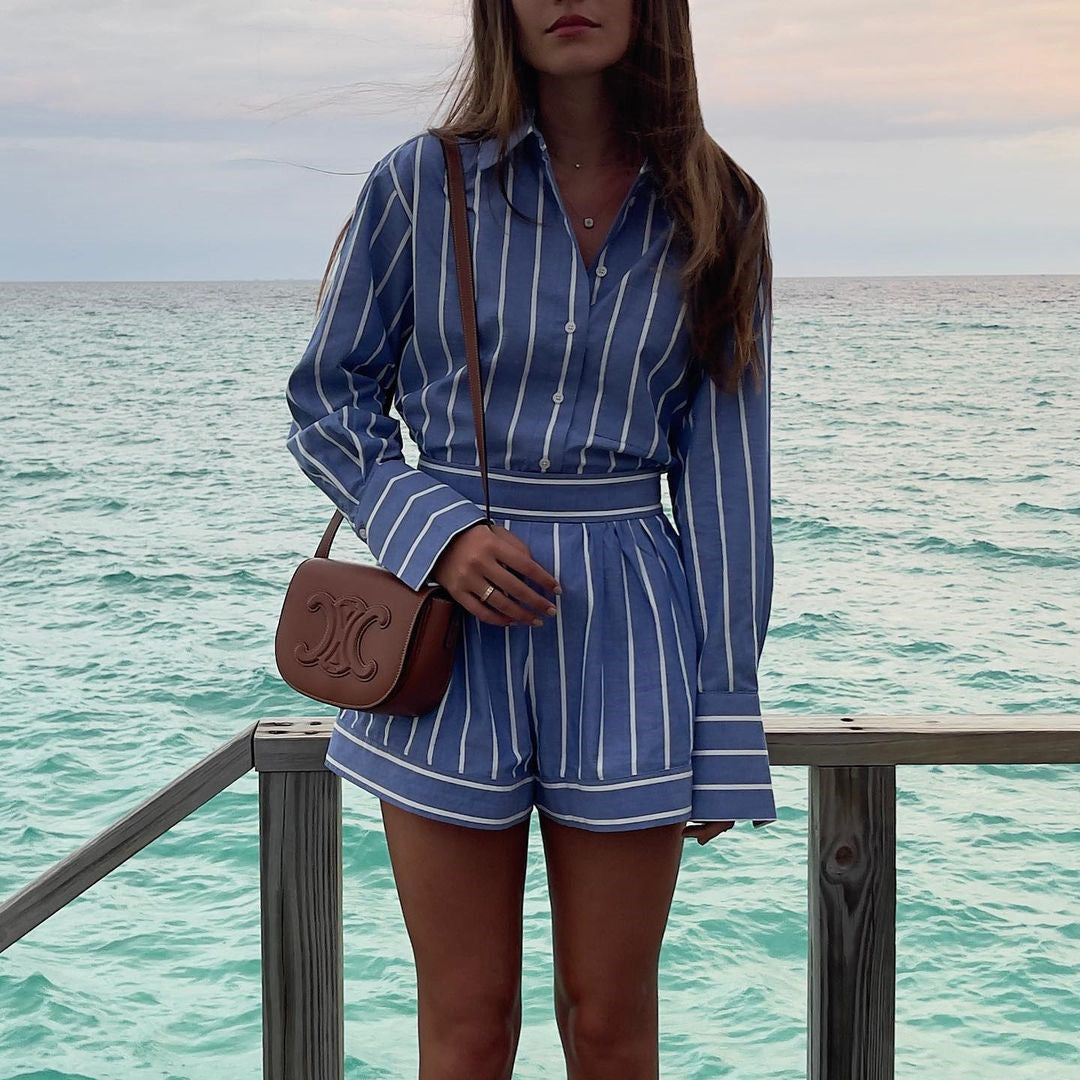 2023 Summer Women's Striped Cotton Shirt & Shorts Set