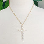 Pearl Cross Pendant Paperclip Chain Necklace