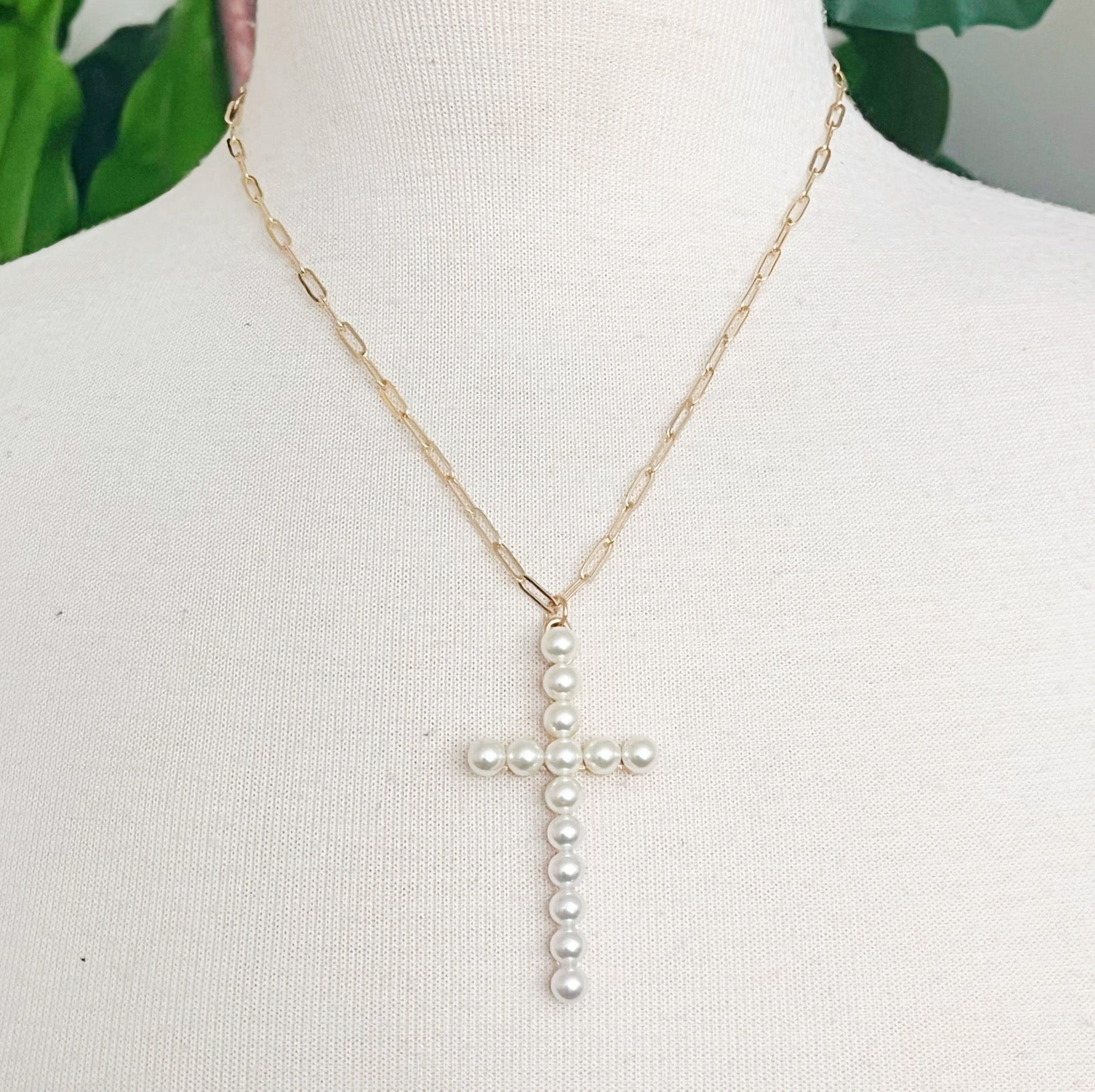 Pearl Cross Pendant Paperclip Chain Necklace