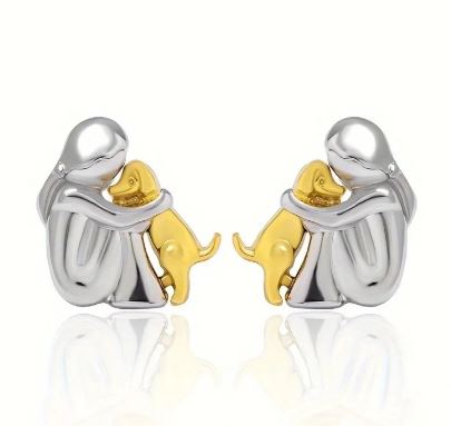 Silver Person Hugging Dog Stud Earrings