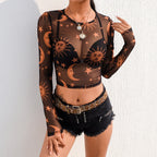 Orange Mesh Long Sleeve Crop Top for Women