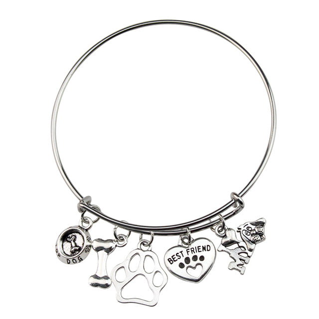 I Love My Dog Charm Bangle Bracelet with Paw Print