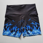 High-Waisted Blue Flame Print Yoga Shorts for Women