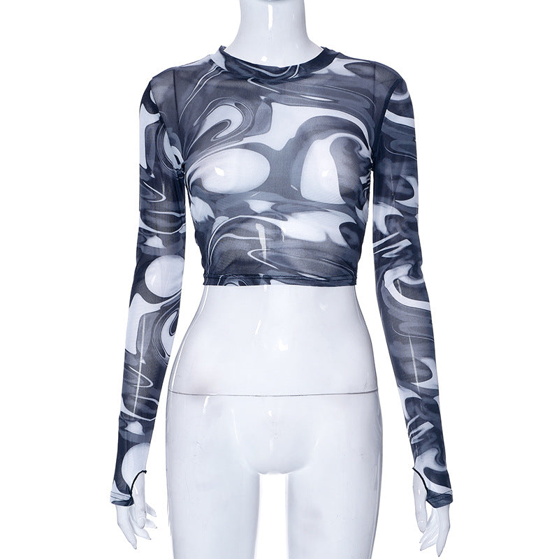 Q21TP574 Women's Casual Autumn Crop Top with Print