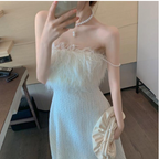Feather-Trim Strapless A-Line Midi Dress