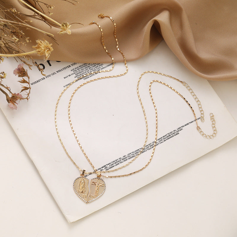 Gold Plated Two-Half Heart Couple Pendant Necklace