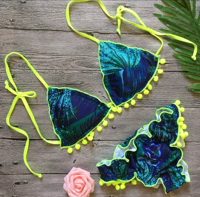 Printed Pom-Pom Ruffle Bikini Set