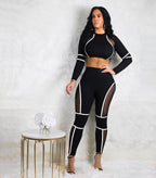 Mesh Panel Sexy Crop Top and High-Waisted Leggings Set