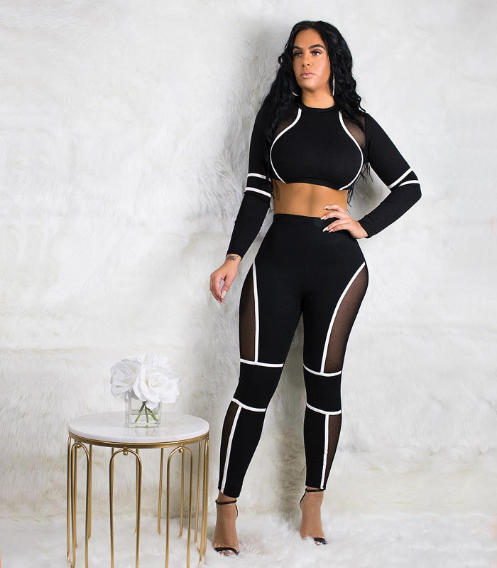 Mesh Panel Sexy Crop Top and High-Waisted Leggings Set