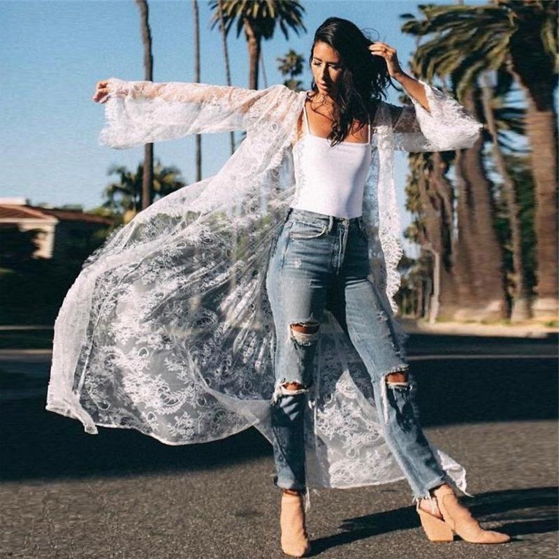 Black Lace Long Kimono Beach Cover-Up