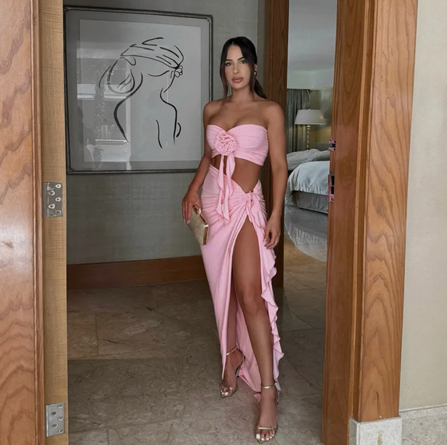 Bandeau Top and Ruffle High-Slit Maxi Skirt Set