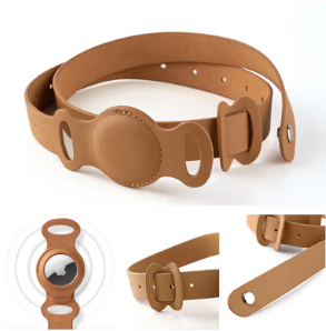 Adjustable Pet Collar with Tracker Holder Case, PU Leather Cat and Dog Collar with Protective Cover for Round Item Trackers