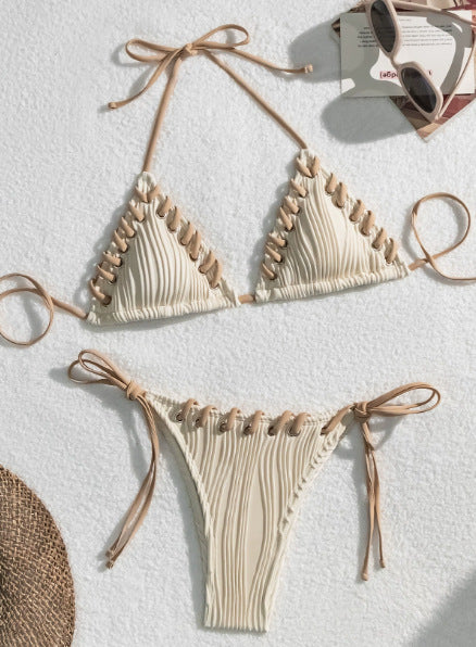 Beige Ribbed Triangle String Bikini Set