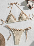Beige Ribbed Triangle String Bikini Set