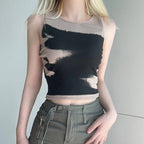 Tie Dye Sleeveless Round Neck Knit Crop Top for Women