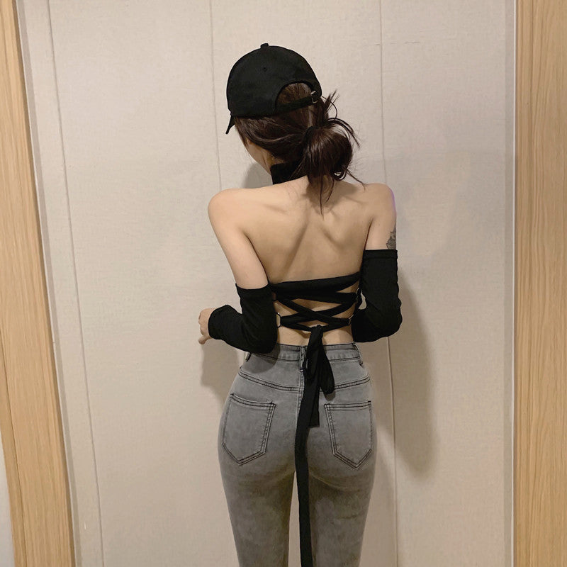 Off-Shoulder Long Sleeve Crop Top with Tie Detail
