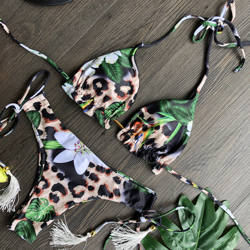 Feather Print Push-Up Tassel Bikini Set
