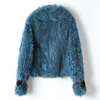 Cotton Jacket with Teddy Fur Collar in Denim Blue