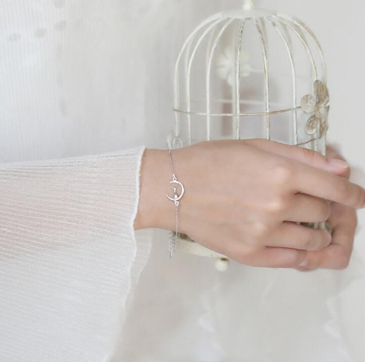 Silver Moon Cat Charm Bracelet