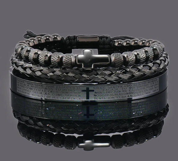 Steel Cross Adjustable Beaded Bracelet