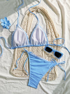 Blue Striped Ruffle Triangle Bikini Set