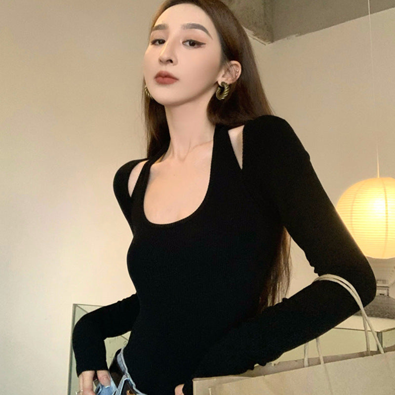Women's White Square Collar Long-Sleeve Halter Top