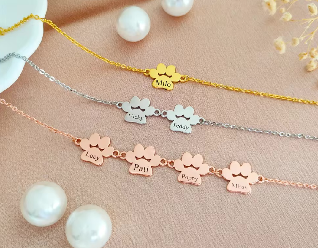 Personalized Dog Paw Name Bracelet in Stainless Steel