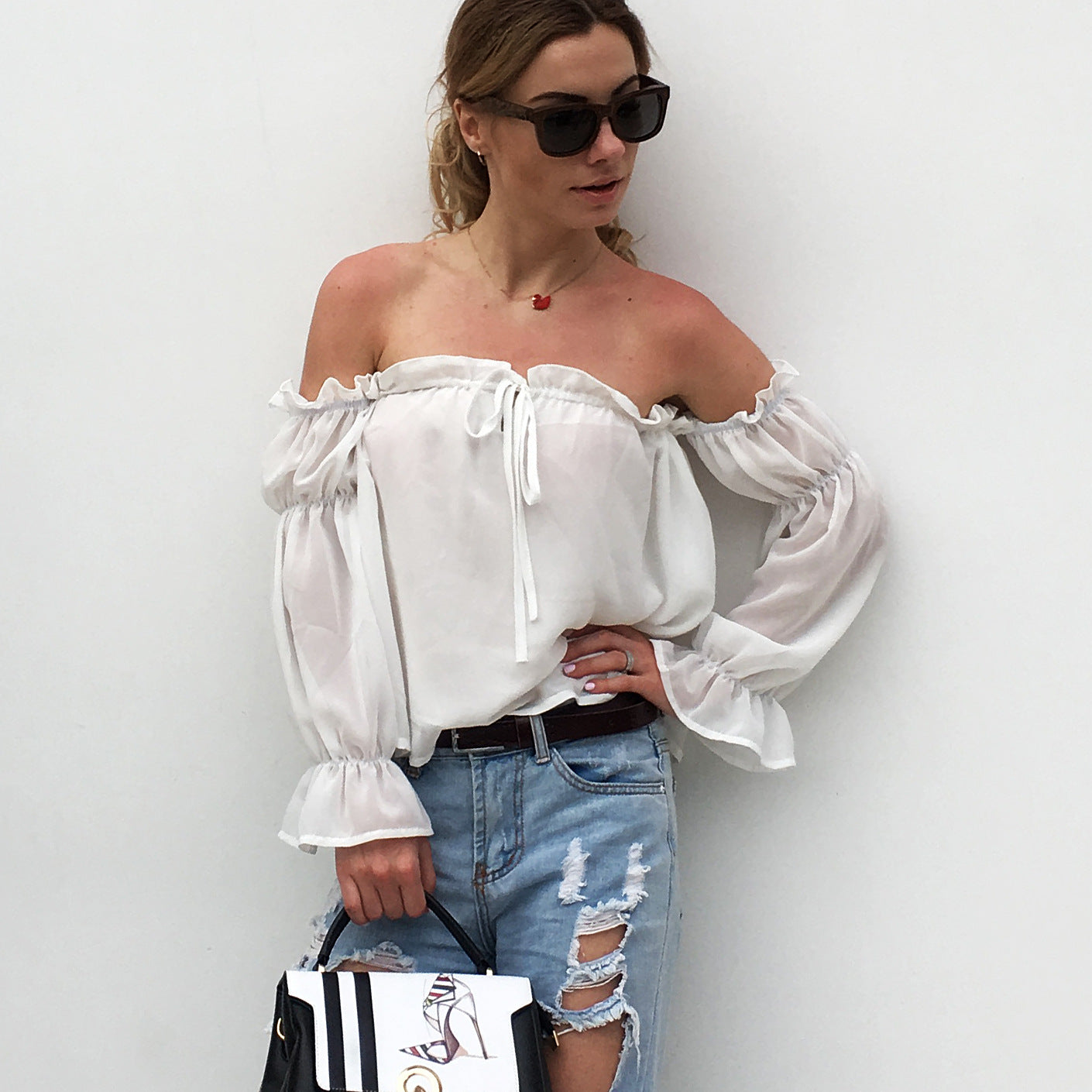 Women's White Off-Shoulder Ruffle Chiffon Cover-Up Top