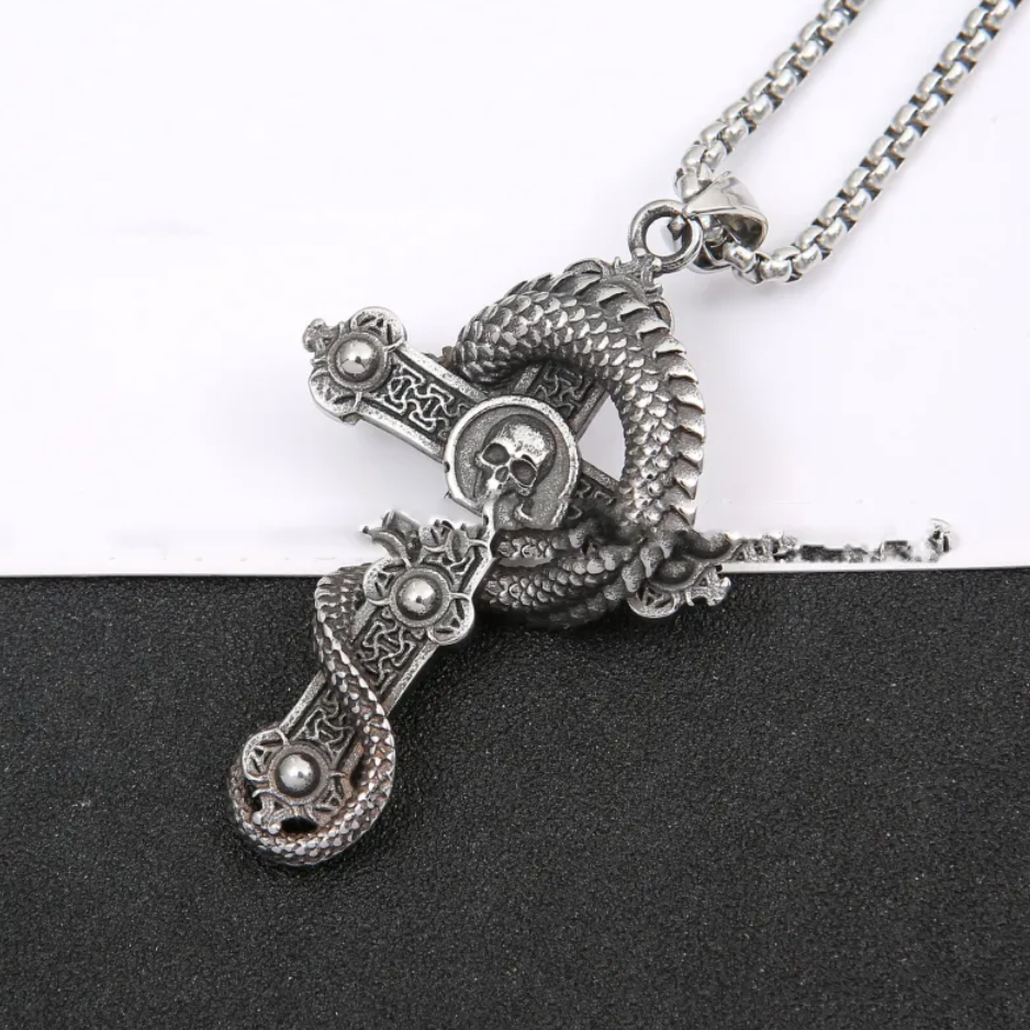 Stainless Steel Dragon Cross Pendant Necklace