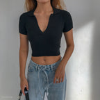 V-Neck Solid Color Short Sleeve Knit Crop Top