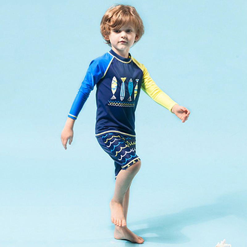 Boys Long-Sleeve UV Rash Guard Swim Set with Cap