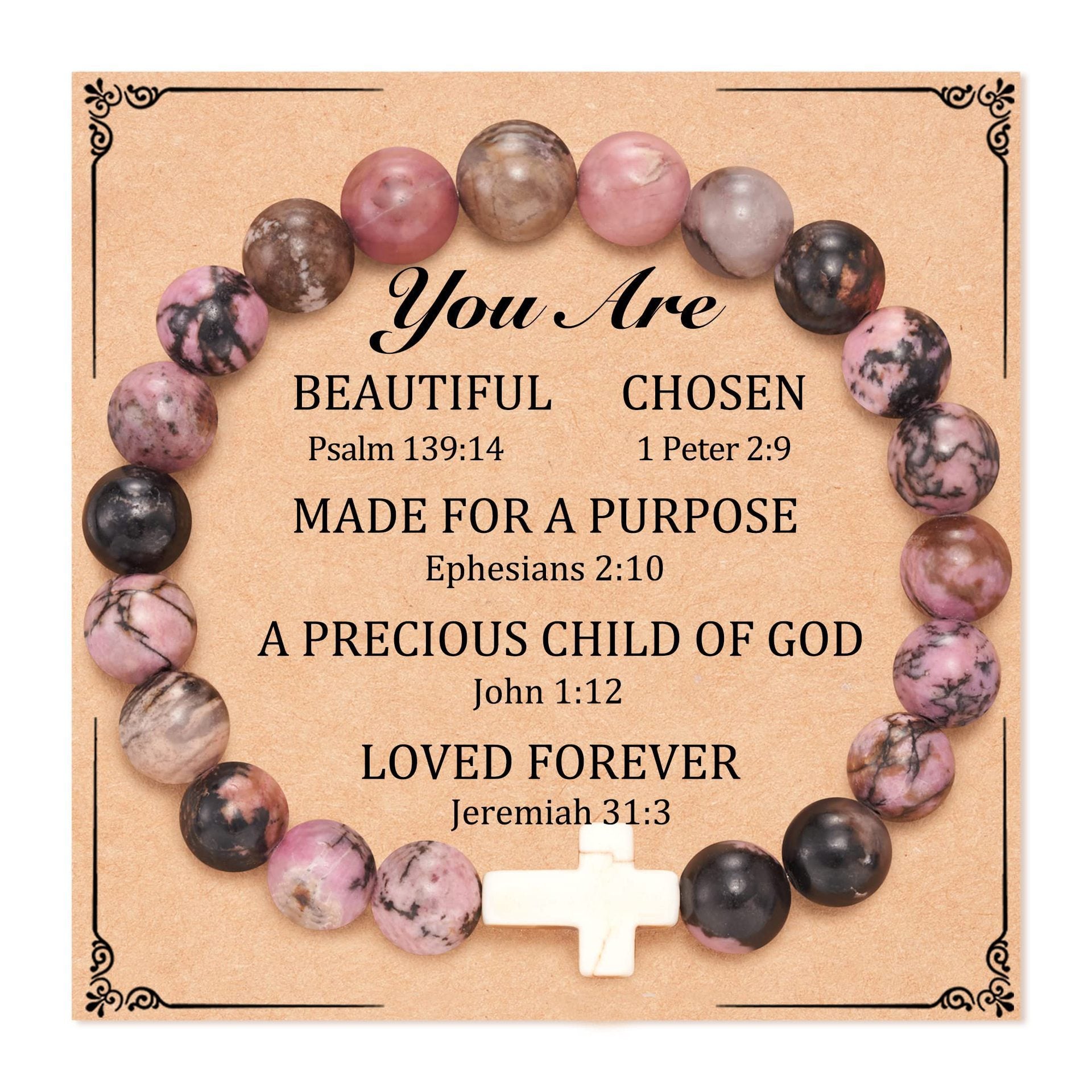 Rhodonite Beaded Cross Bracelet with Faith Message Card