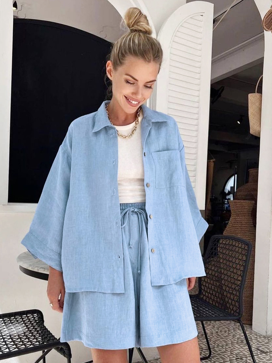Women's Fashion Casual Loose-fitting Solid Color Long Sleeves Shorts Suit