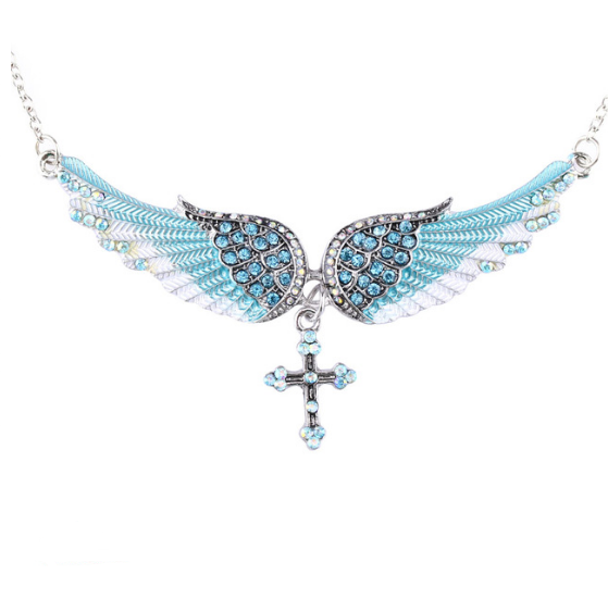 Angel Wings Cross Pendant Necklace with Crystals