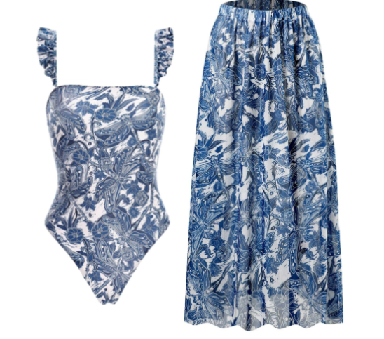 Retro Print One-Piece Swimsuit and Cover-Up Skirt Set