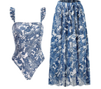Retro Print One-Piece Swimsuit and Cover-Up Skirt Set